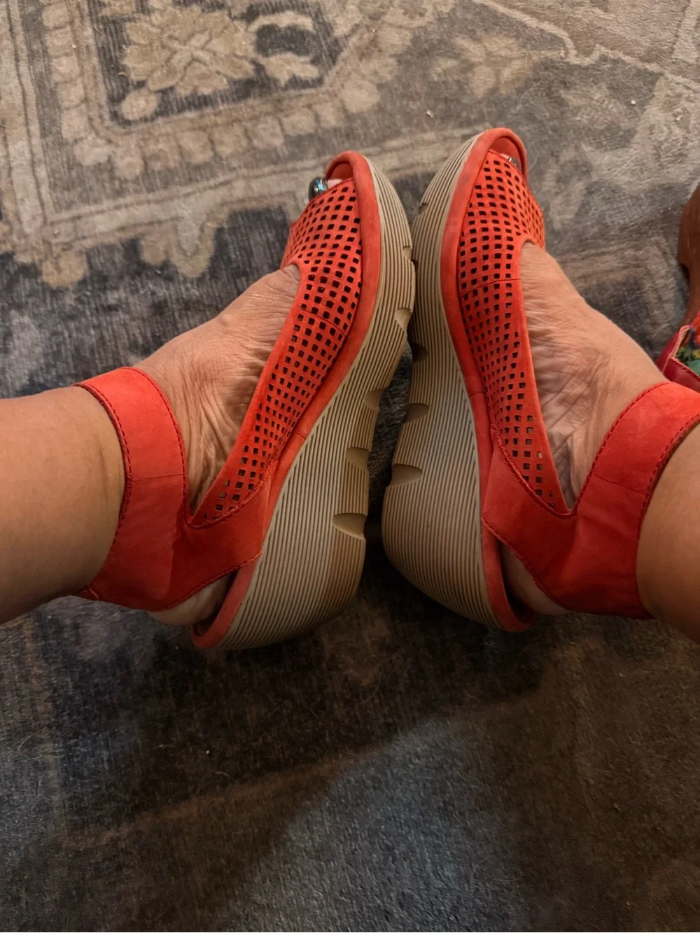 Clarks Orange/Red Suede Perforated Wedge Sandals Sz 8